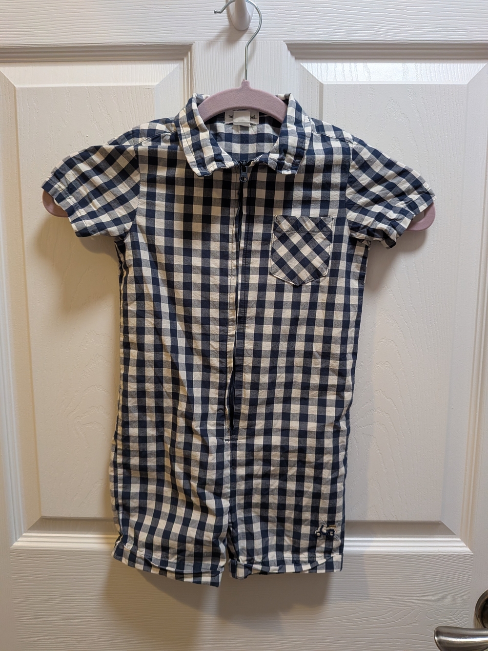 Miles The Label 18 Mo Navy White Gingham Short Romper Collar Embroidered Vespa